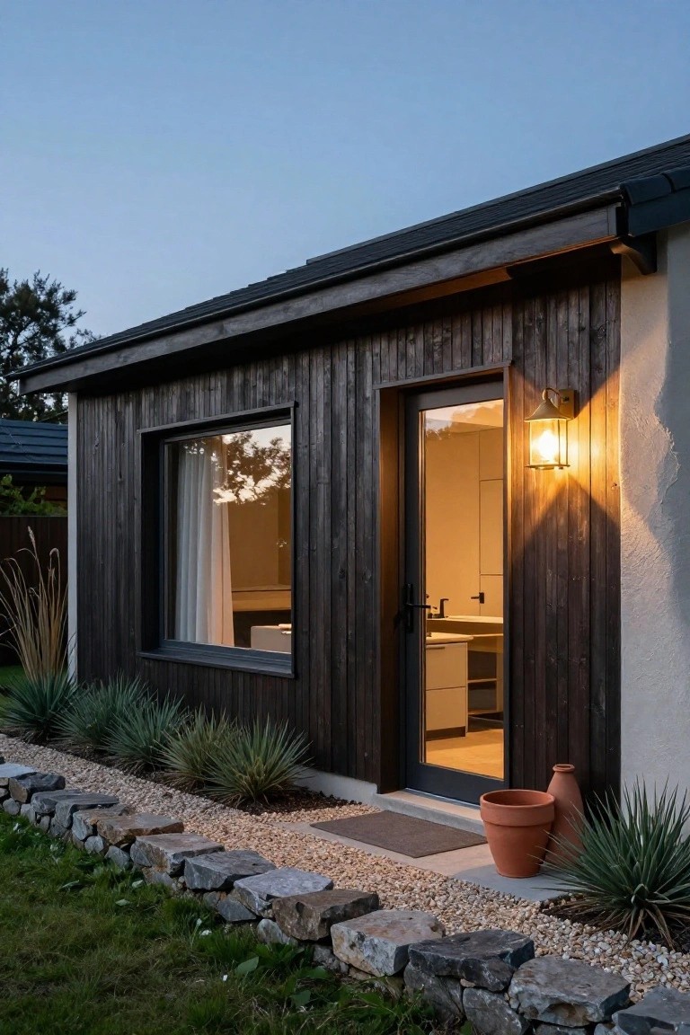 Modern dark-wood house with lit doorway, stone path, and terracotta pots.
