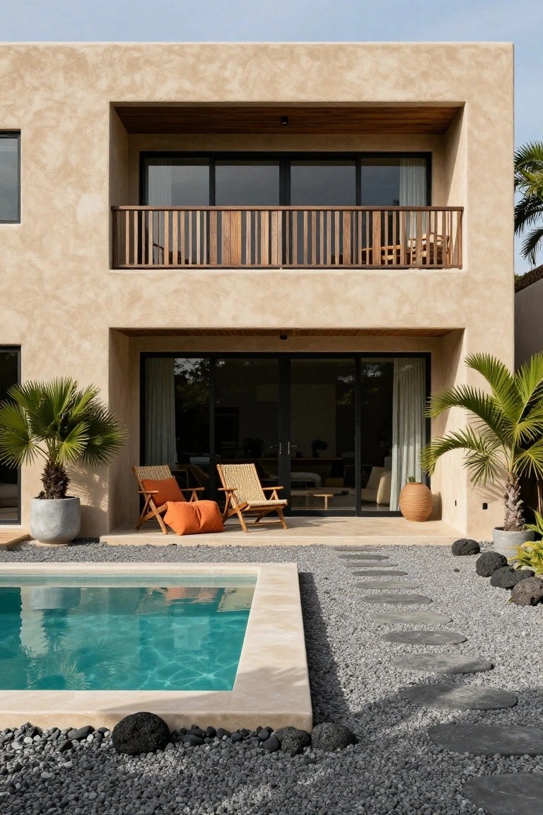 Beige stucco house exterior with wooden balcony above large glass doors opening to a terrace with rattan chairs and cushions, flanked by potted palms, a turquoise pool, gravel ground cover with black rocks, and a path of round stone pavers.