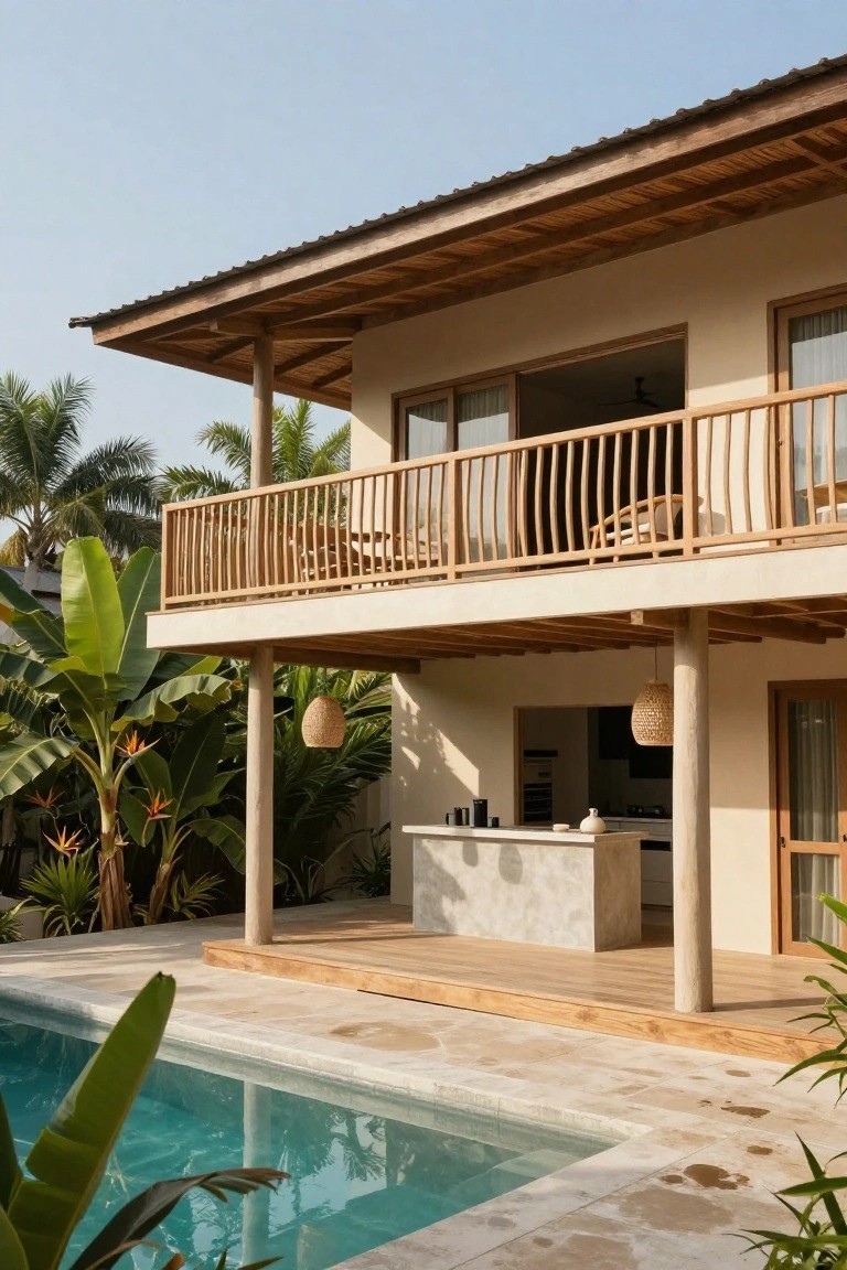 Beige stucco house elevated on thick wooden posts with a second-story balcony featuring wooden railings, an open outdoor kitchen bar on a wooden deck below, and a turquoise pool edged in stone tile surrounded by palm trees, banana plants, and other tropical vegetation.
