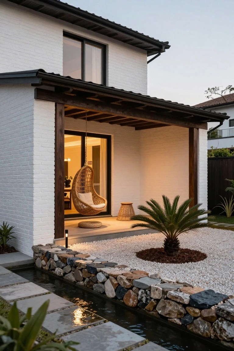 White brick house exterior featuring a covered porch with exposed dark wooden beams, a hanging wicker swing chair, large black-framed glass sliding doors, and a gravel garden area with a palm tree, stone wall, and narrow water channel.