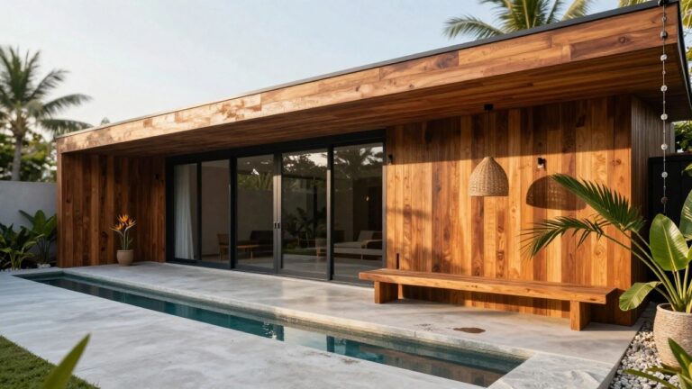 15 Modern House Exterior Tropical Styles That Feel Relaxed Modern house exterior with vertical wooden cladding in warm tones, large sliding glass doors overlooking an indoor living area, tropical plants, a wooden bench, and a dark-tiled pool with water feature.