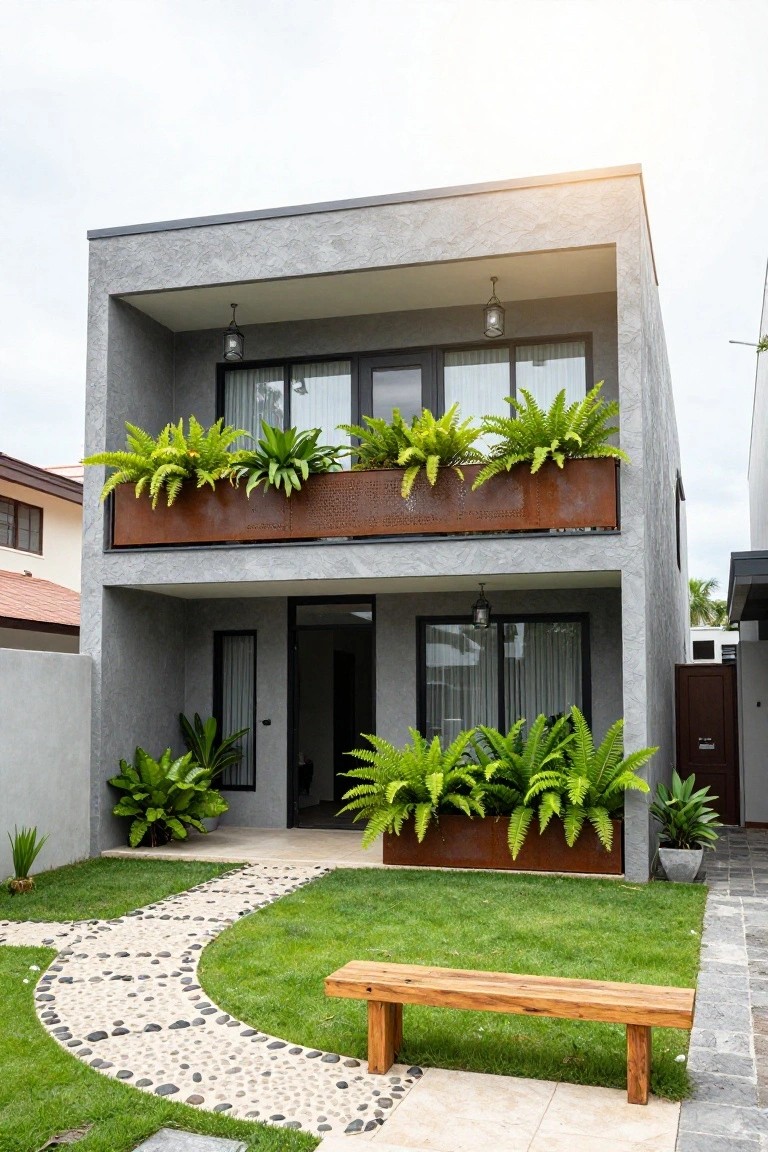 Two-story modern house with textured gray exterior, corten steel planters filled with ferns on balcony and entrance, curved pebble pathway through grass lawn, and wooden bench.