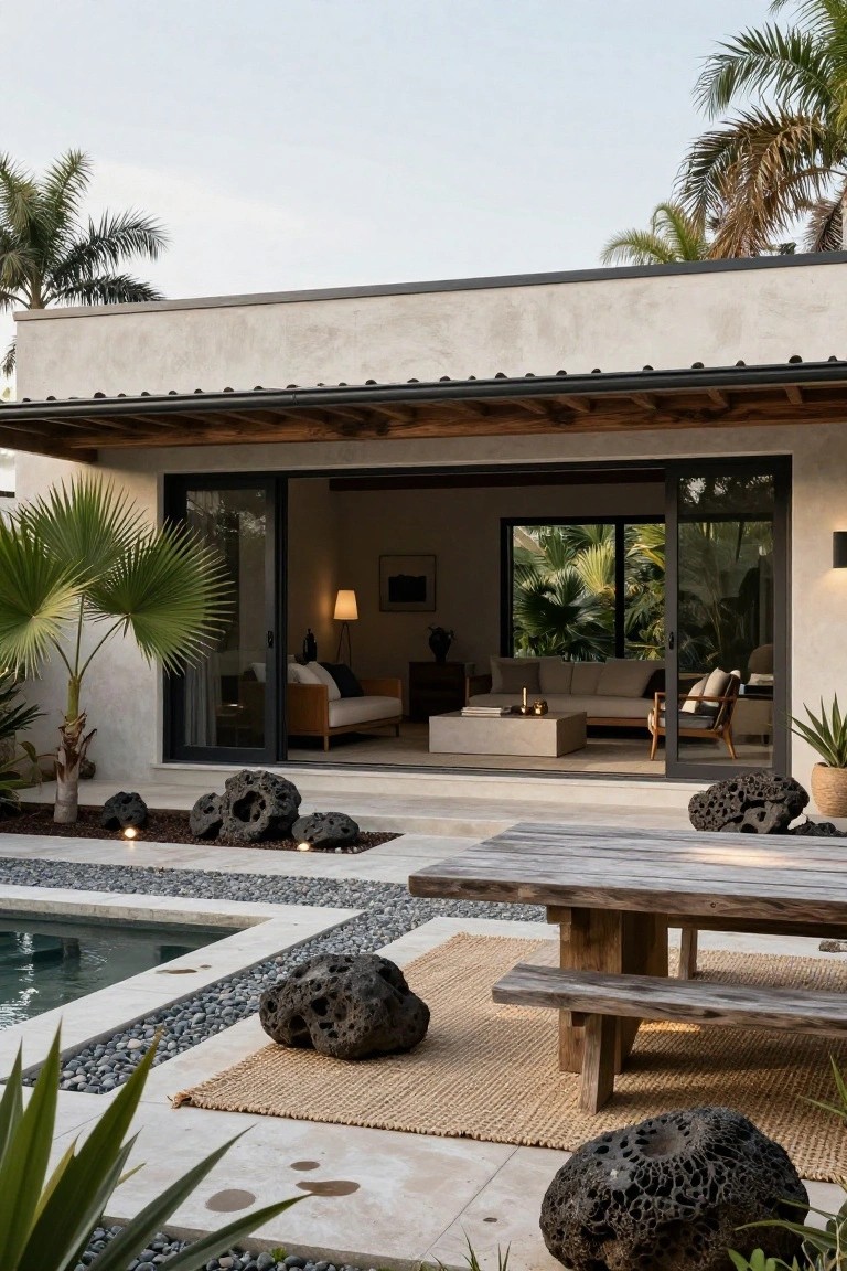 Tropical modern house with beige stucco walls and open black sliding doors showing an indoor living area with sofa, adjacent to a rectangular pool, rustic wooden table and benches on the terrace surrounded by large porous black lava rocks, pebble borders, and palm plants.