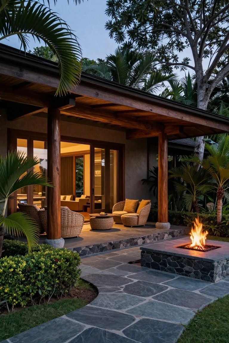 Modern tropical house exterior with covered wooden porch, rattan lounge chairs and ottomans, open glass doors to interior living area, slate patio, built-in stone fire pit with flames, surrounded by palm trees, shrubs, and lush greenery at dusk.