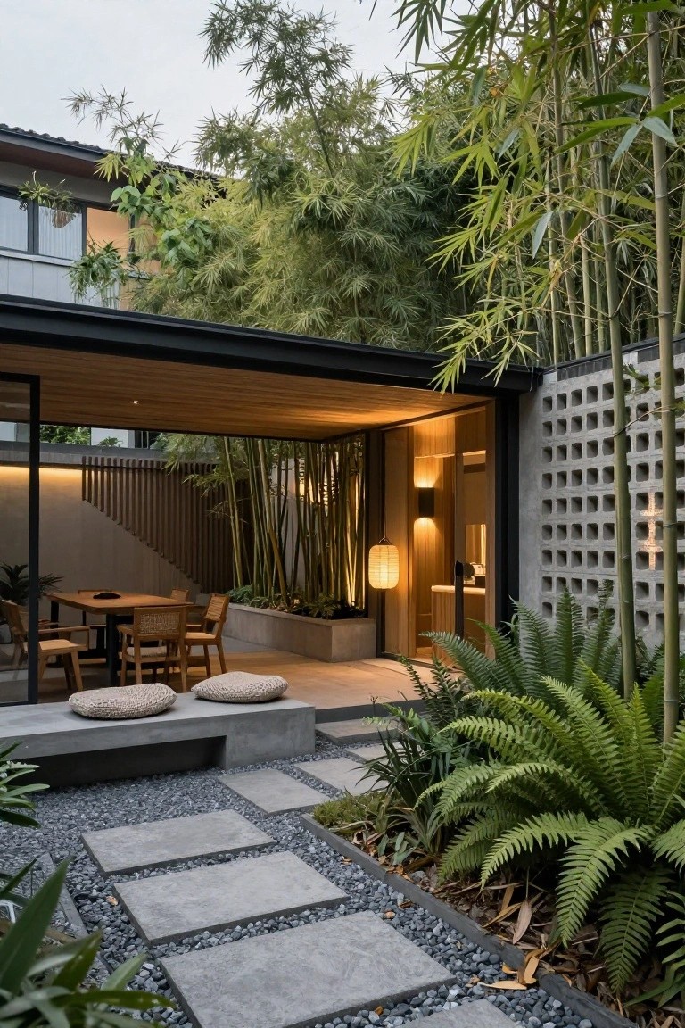 Modern covered terrace with open glass doors from house, wooden dining table and chairs, concrete benches, surrounded by bamboo plants and ferns, gravel area with concrete stepping stone path.