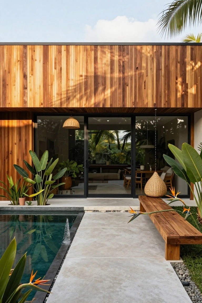Modern house exterior with vertical wooden cladding in warm tones, large sliding glass doors overlooking an indoor living area, tropical plants, a wooden bench, and a dark-tiled pool with water feature.