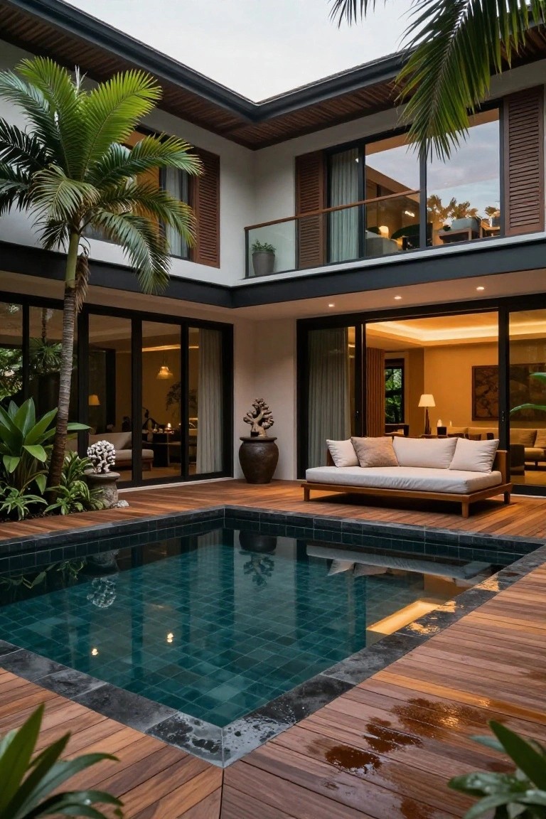 Modern tropical villa courtyard with pool, wooden deck, and palm trees.