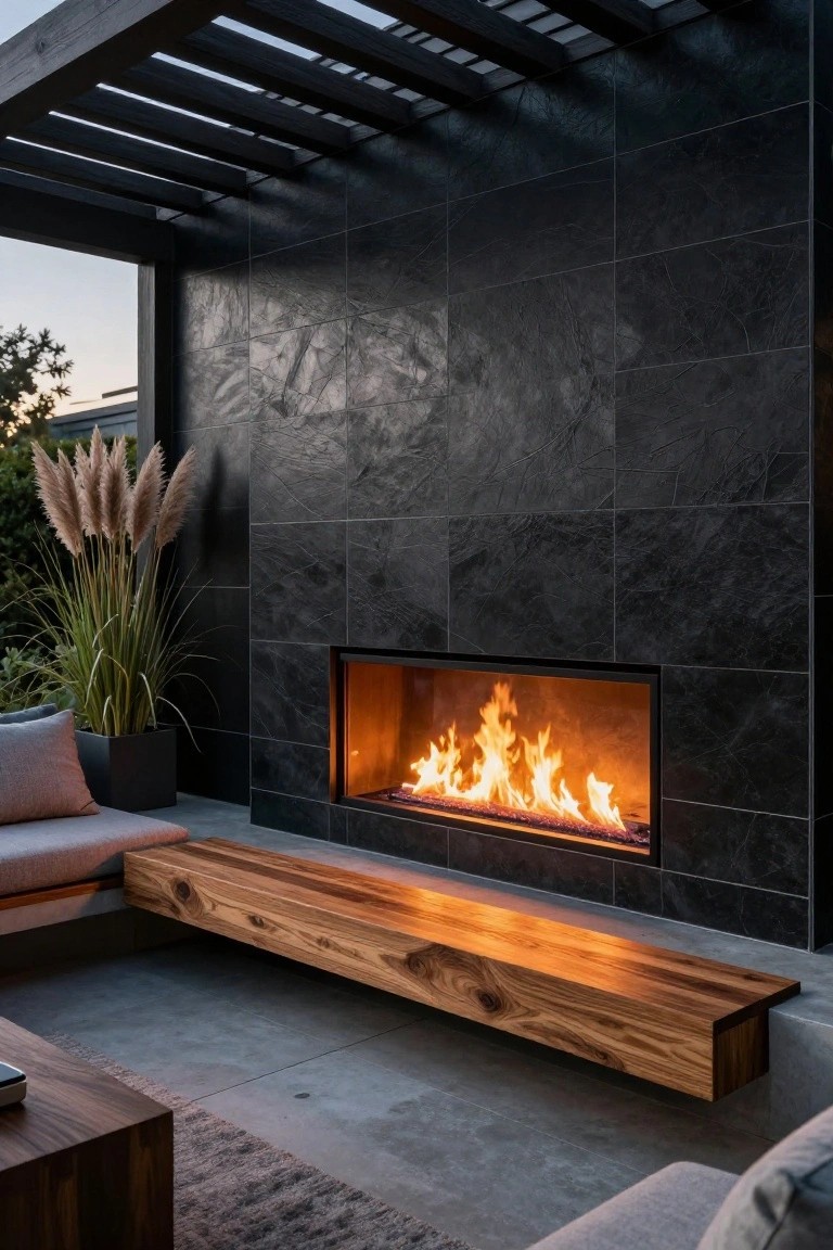 Outdoor patio with a linear gas fireplace built into a dark textured black tile wall, wooden bench seating in front, potted pampas grass nearby, pergola overhead, and concrete flooring at dusk.
