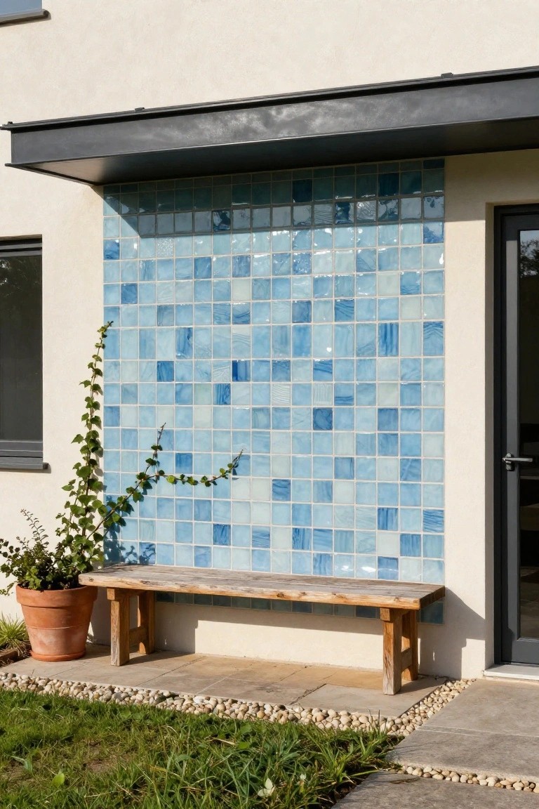 House exterior with a tall blue glass mosaic tile wall beside a black entry door, wooden bench on gravel, potted plant with ivy, and lawn edging.