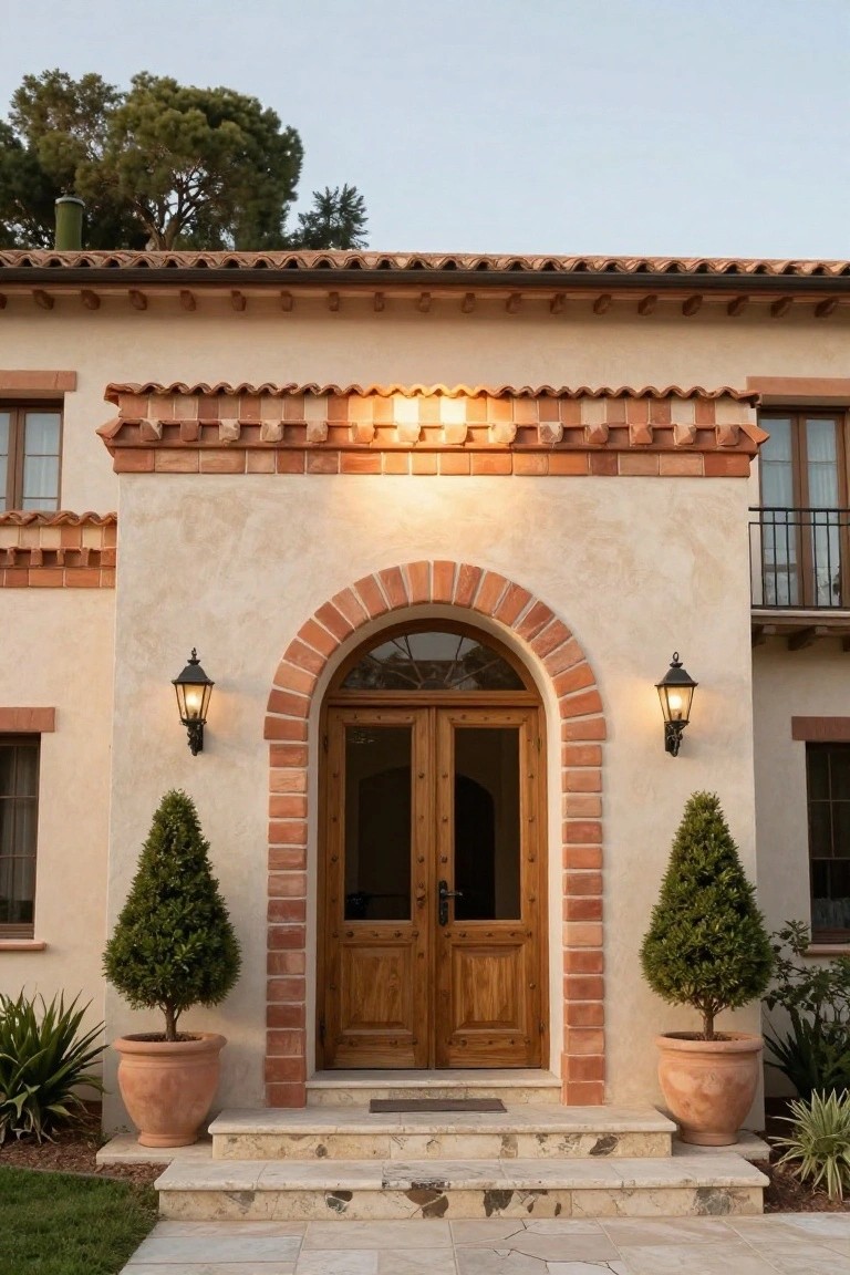 Beige stucco house facade featuring a red brick arched entryway with wooden double doors, black lanterns on either side, potted topiary trees in terracotta pots, and stone steps leading to the entrance.