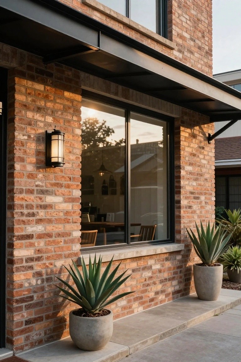 Brick house exterior wall with black metal awning over a large sliding window, wall lantern light, and two large agave plants in gray pots flanking a concrete entry slab.