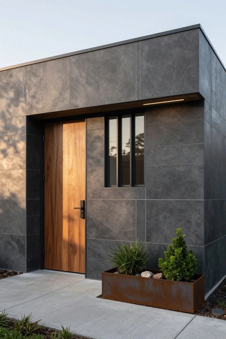 Corner view of a modern house exterior with dark gray textured wall tiles, a vertical wooden entry door with slim black-framed window beside it, and a rusted metal planter box containing grasses and shrubs next to a concrete walkway.