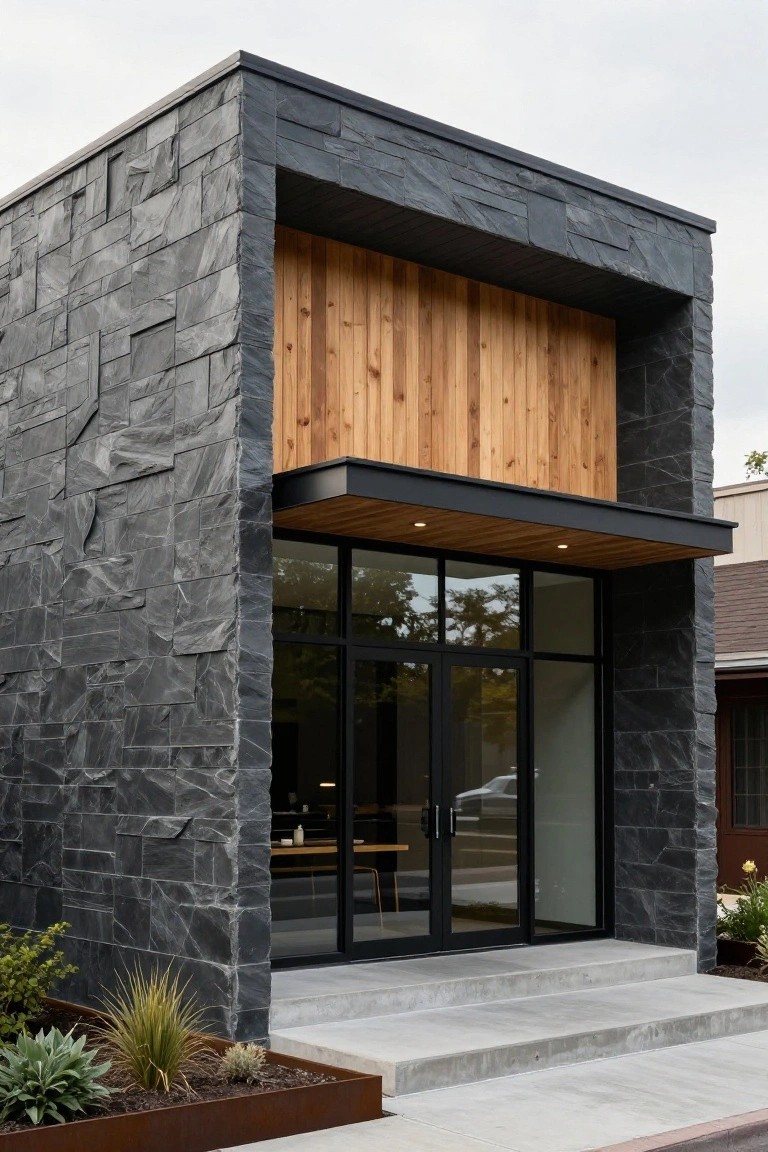 Modern house corner exterior with dark textured stone walls, vertical wood paneling above large glass entry doors with black frames, black metal canopy, concrete steps, and low plants in metal-edged bed.