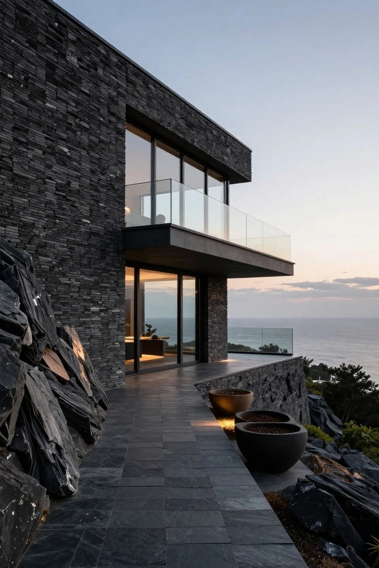 Modern house exterior with black stone tile walls integrated into rocky terrain, large floor-to-ceiling glass windows and doors overlooking the ocean, a cantilevered balcony with glass railing, dark tiled pathway, and large black planters.