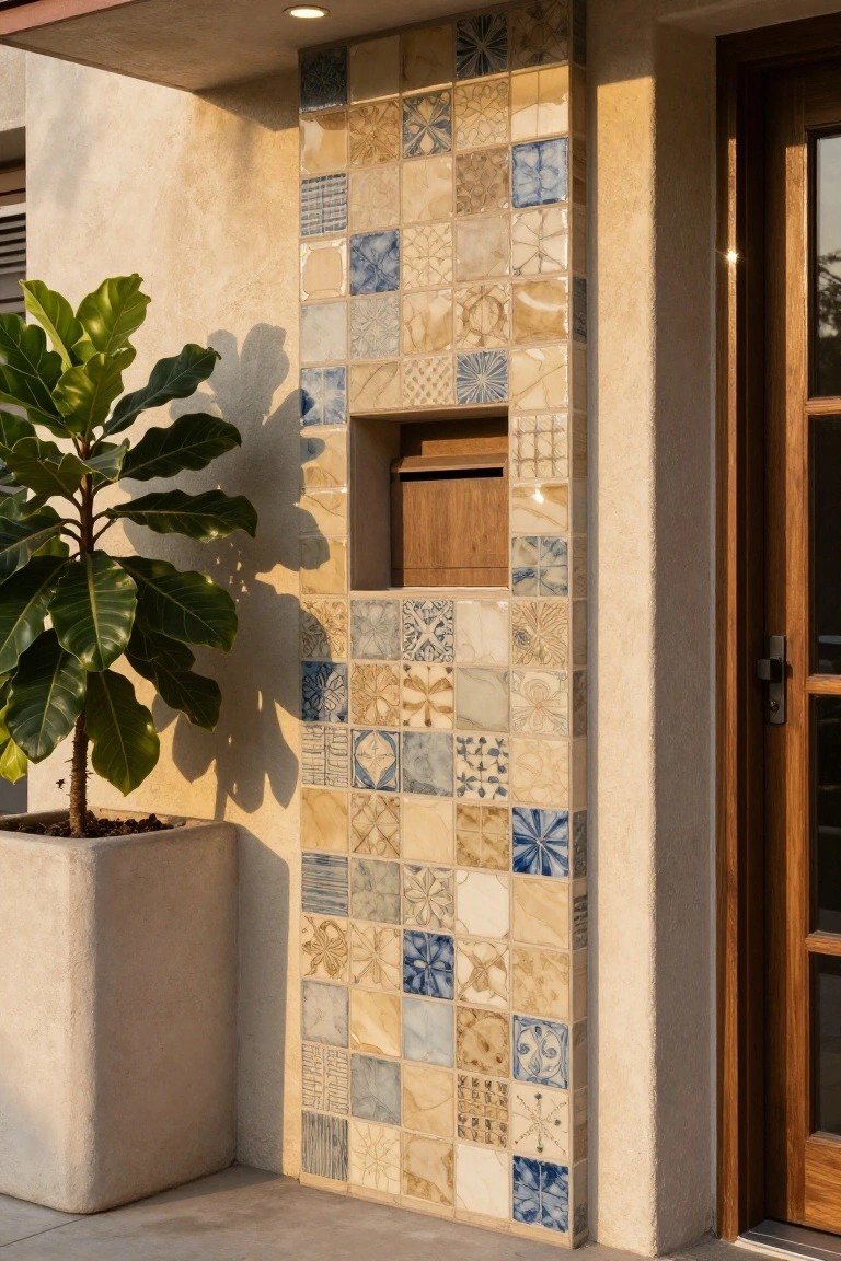 House exterior wall tiled in assorted blue and beige patterned squares next to a wooden entry door, with a tall potted ficus plant in a white container to the left.