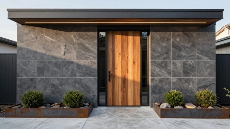 18 Modern House Exterior Wall Tiles Design Ideas You’ll Love Corner view of a modern house exterior with dark gray textured wall tiles, a vertical wooden entry door with slim black-framed window beside it, and a rusted metal planter box containing grasses and shrubs next to a concrete walkway.