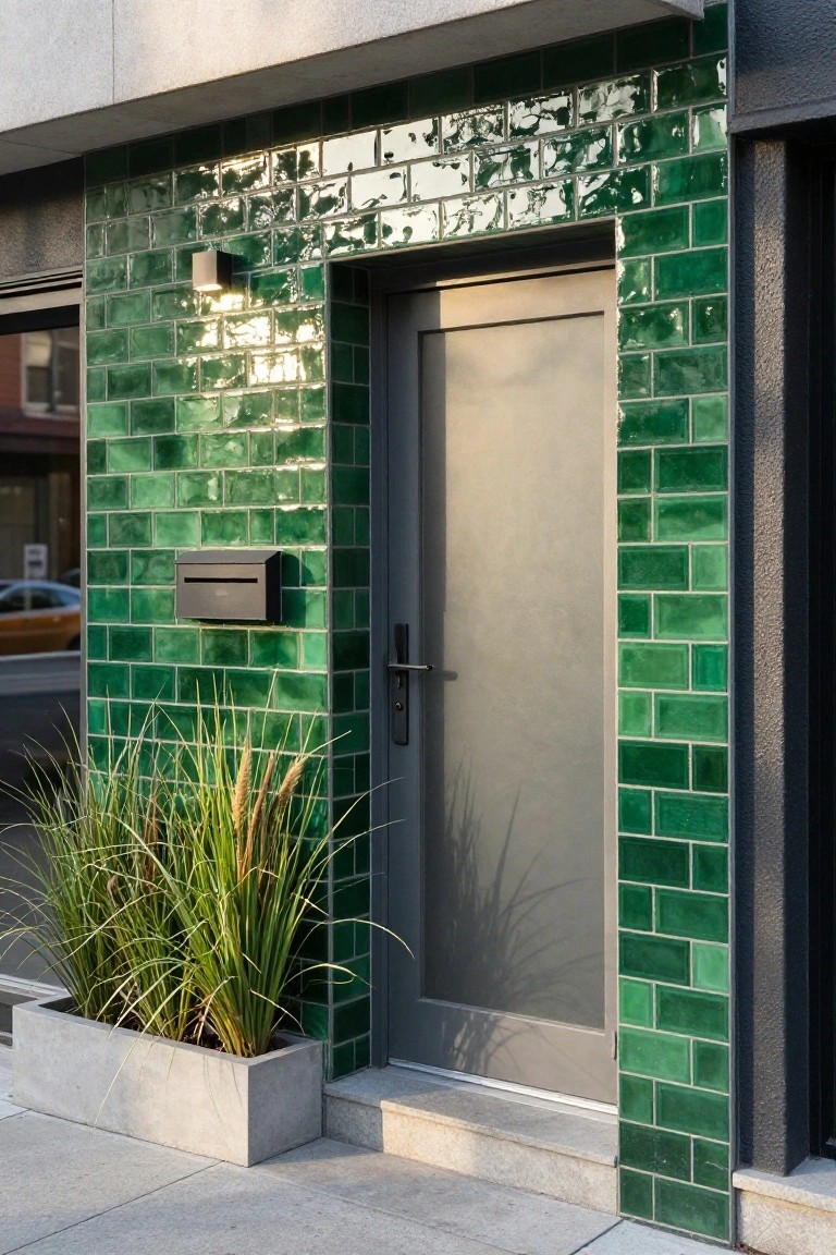 House entrance with glossy green brick tiles on the walls surrounding a matte gray door, black mailbox mounted on the tiles, wall light above, and concrete planter of tall grasses to the side on a concrete sidewalk.