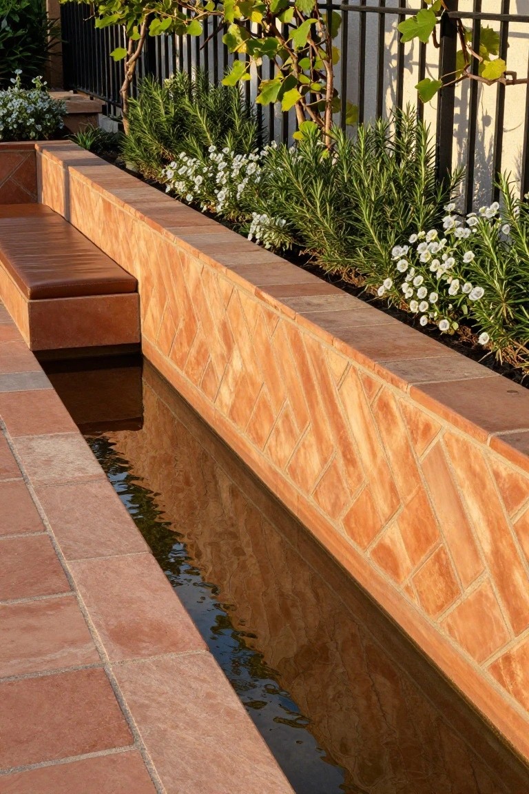 Raised terracotta brick wall in herringbone pattern with integrated leather bench overlooking a narrow rectangular water channel, surrounded by rosemary plants and white flowers next to a black metal fence.