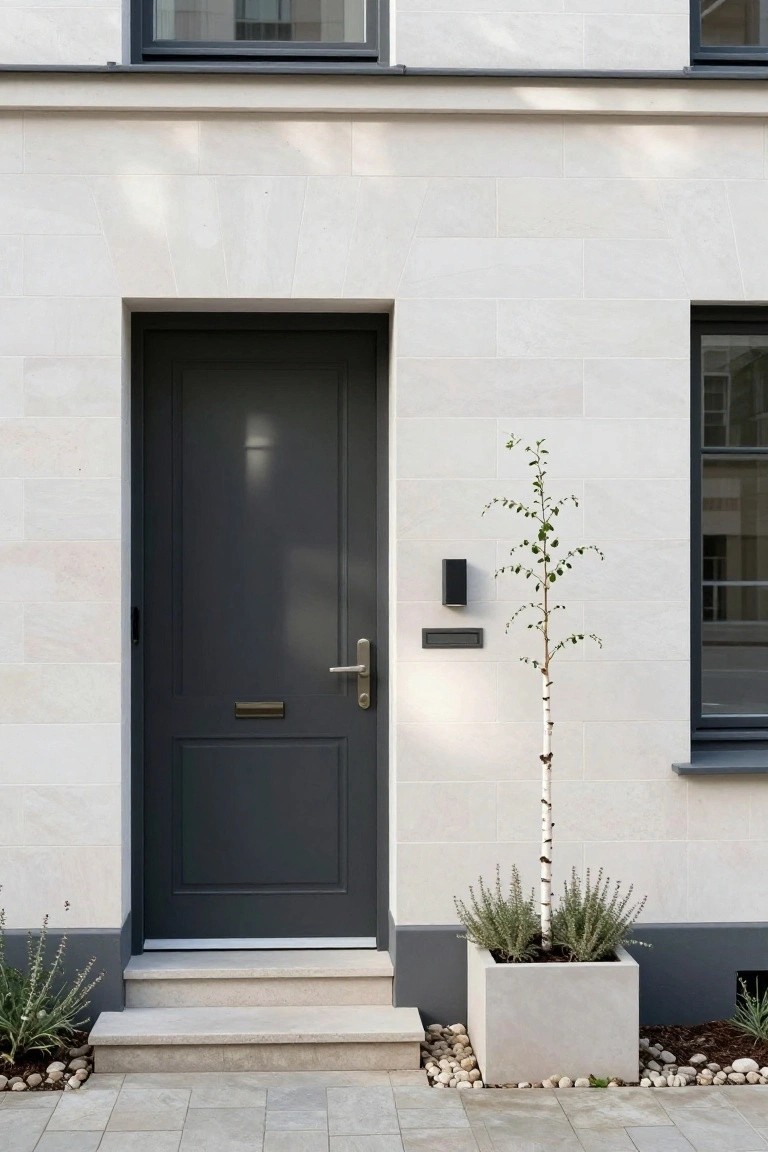 Modern house exterior with pale stone wall tiles, dark gray front door, slim black-framed windows, black wall light and mailbox, young birch tree in pot, and low shrubs beside stone steps on a paved path.