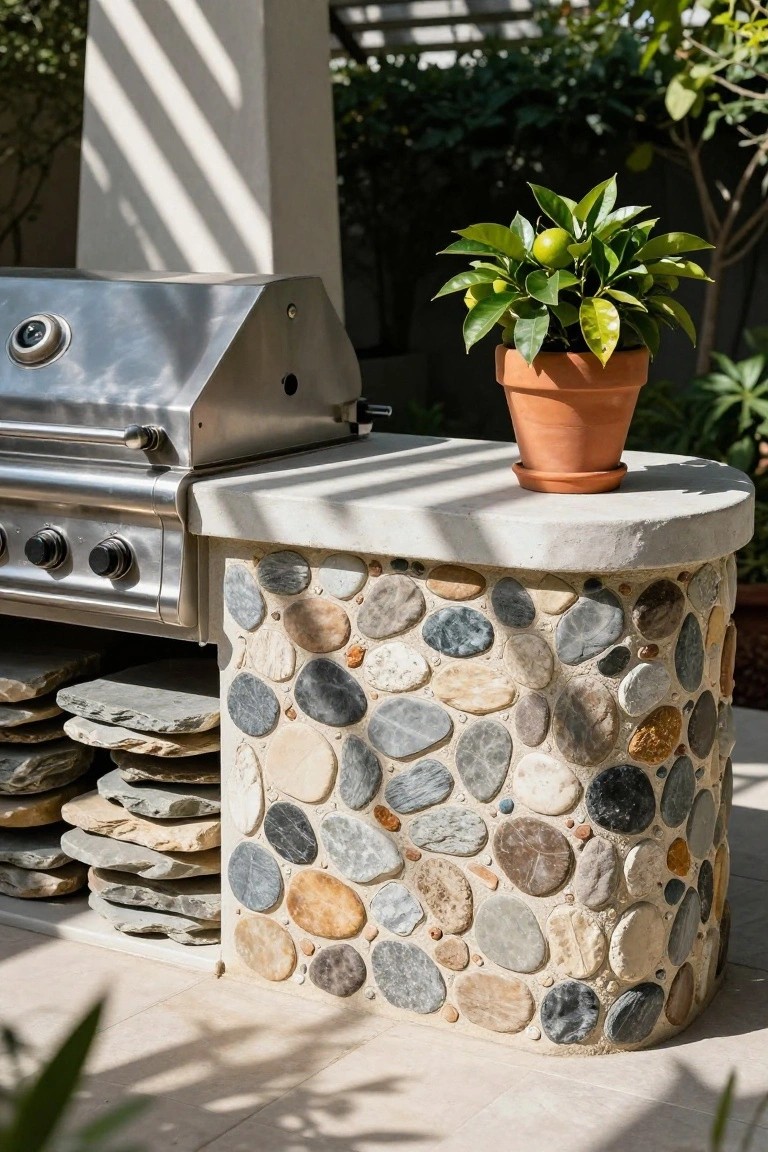 Stainless steel gas grill built into curved white concrete countertop with multicolored pebble mosaic sides, terracotta pot with lime tree on top, and stacked slate stones below on an outdoor patio.
