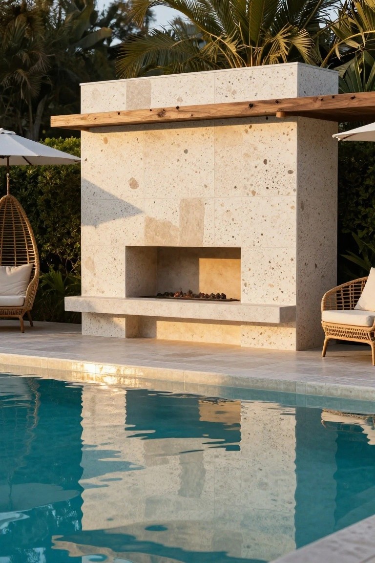 Light pebbled stone outdoor fireplace wall adjacent to a turquoise pool, flanked by rattan hanging chairs and armchairs on a tiled deck with palm trees and hedges nearby.