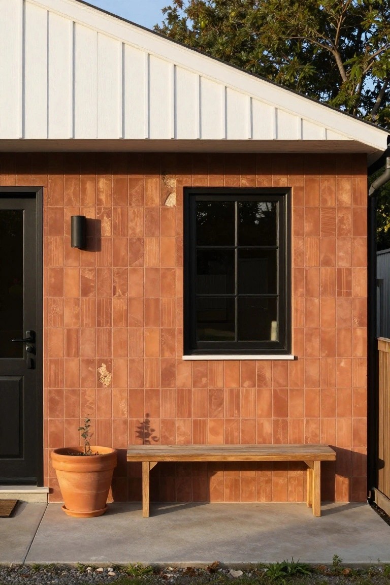 Side exterior of a house with reddish terracotta brick tiles on the wall, black door, black-framed six-pane window, cylindrical black wall light, wooden bench, large terracotta pot with small plant, on concrete patio with gravel border.