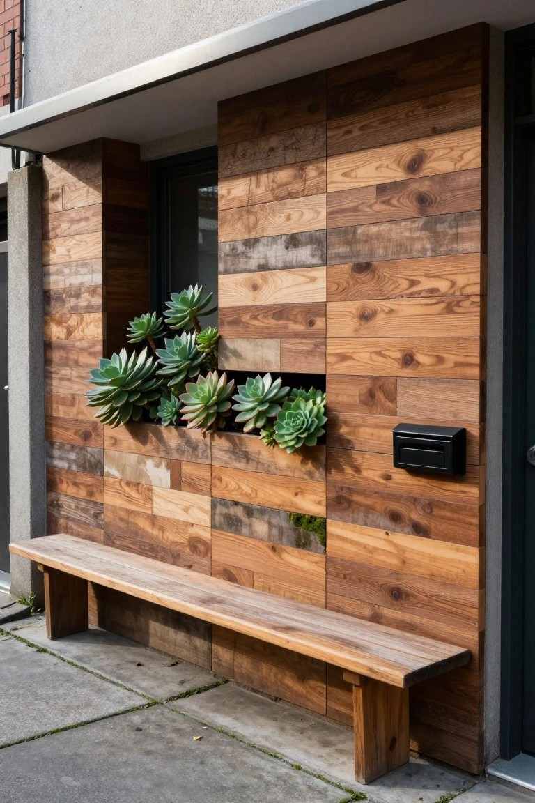 House exterior wall clad in horizontal planks of weathered wood in varied brown tones, with clusters of succulents planted in wall recesses, wooden bench along the base, black mailbox, and dark metal entry door.