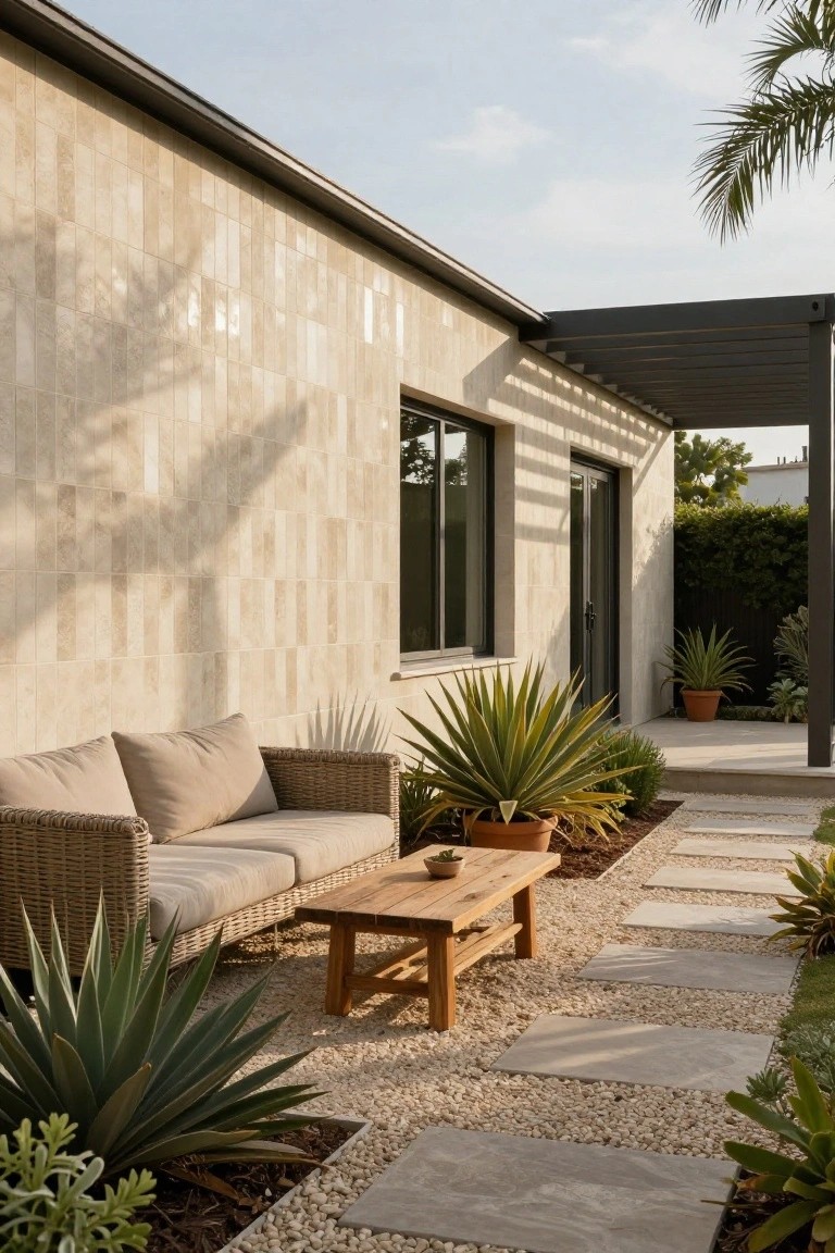 Side view of a modern stucco house with vertical beige rectangular wall tiles, black-framed windows and door under a metal pergola, rattan sofa and wooden coffee table on gravel patio with stone pavers path and agave plants.
