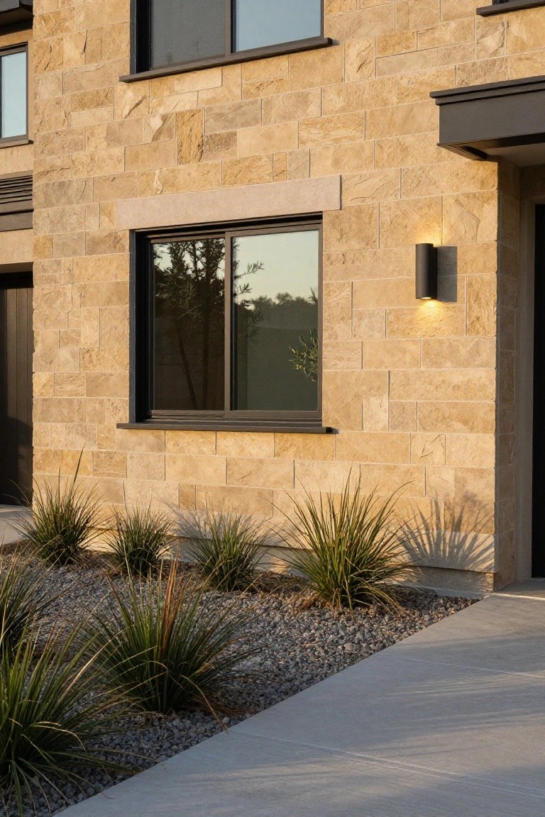 Beige textured stone cladding on a modern house exterior with black-framed windows, a dark entry door, wall-mounted cylindrical light, yucca plants, gravel mulch, and a concrete walkway.