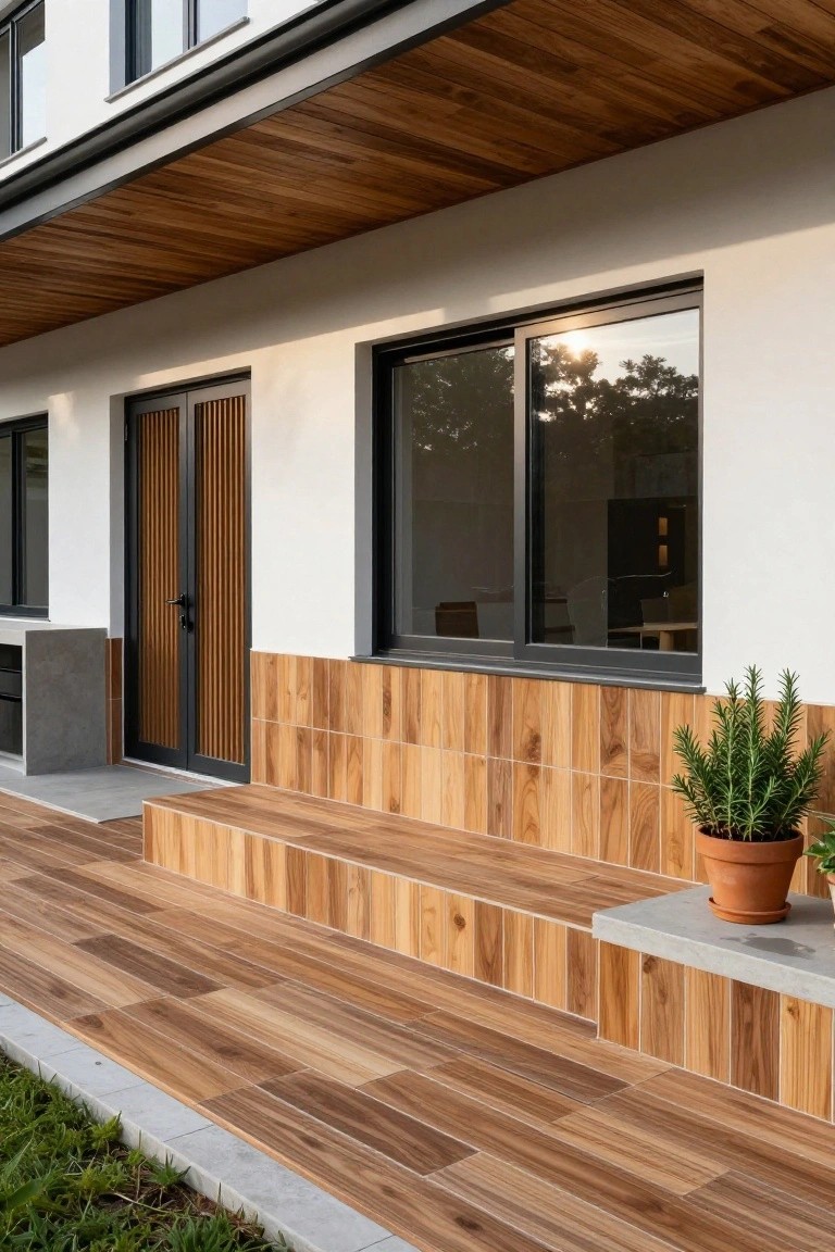 Modern house exterior with white walls, black-framed sliding windows, vertical slat wood doors, wood-look tile cladding on lower walls and deck steps, concrete bench, and potted rosemary plant on ledge beside grass edge.