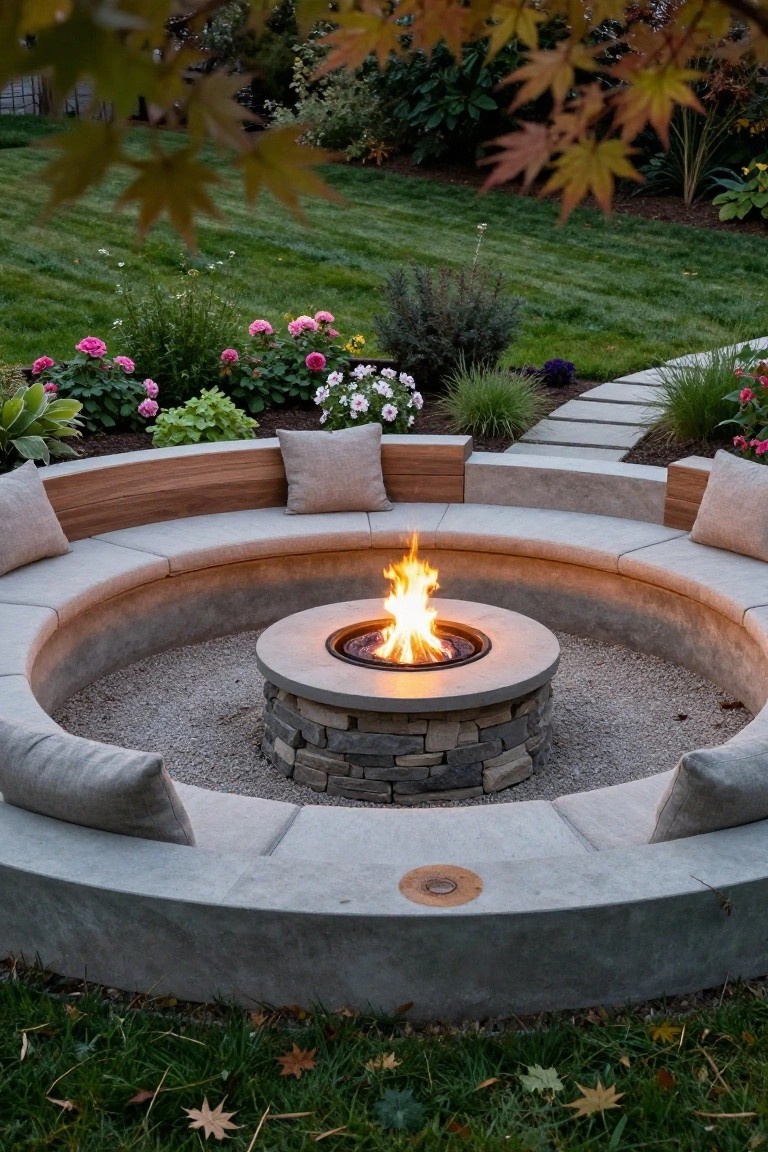 Circular concrete bench with beige cushions and wood-trimmed ends encircles a stacked stone gas fire pit in a gravel-filled yard space, surrounded by green lawn, pink flowers, and fall maple leaves.
