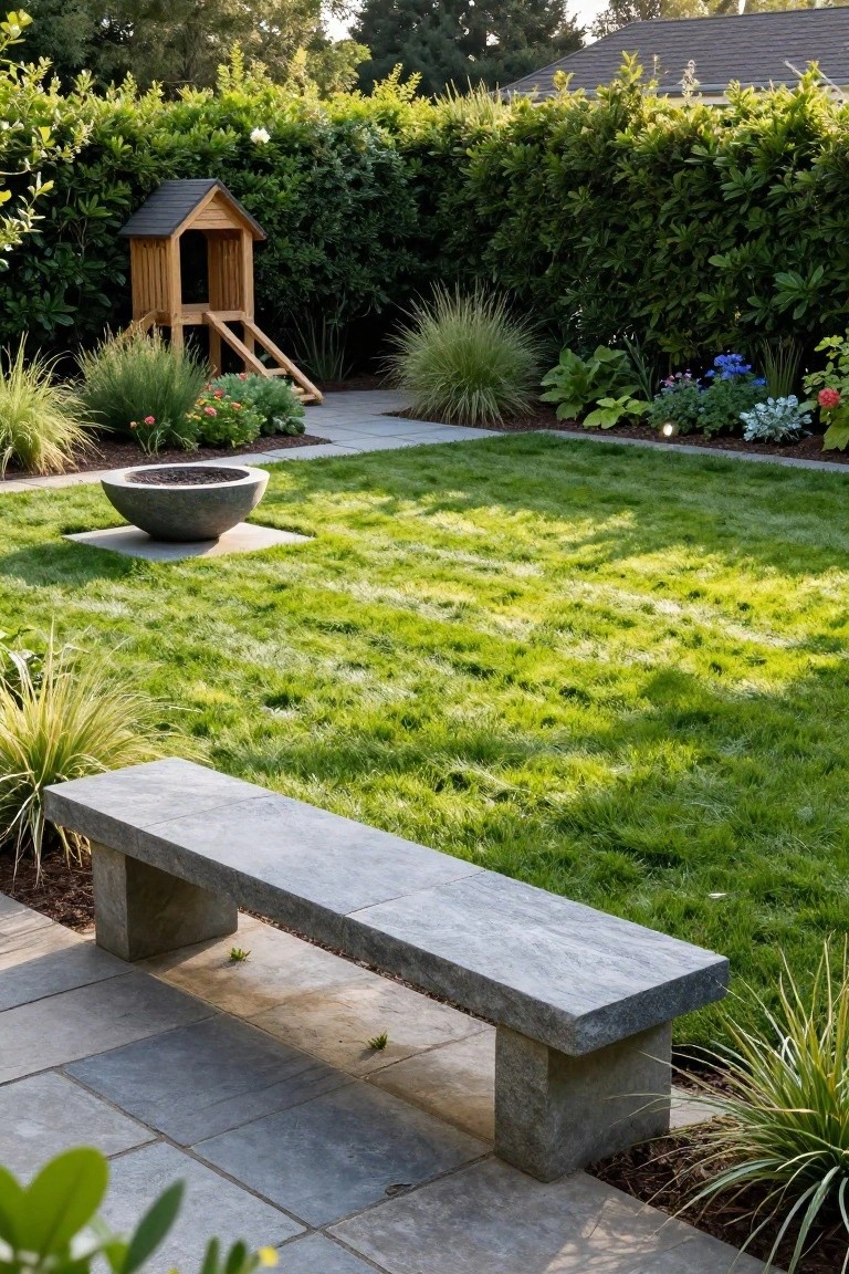 A concrete bowl fire pit positioned in a green lawn with a stone bench on adjacent pavers, ornamental grasses, hedges, and a wooden playhouse in the background.