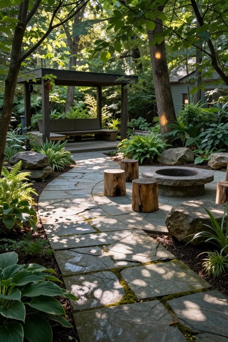 A slate stone path leads through lush greenery and boulders to a circular stone fire pit surrounded by five tree stump stools, with a wooden pergola and bench nearby in a shaded garden setting.