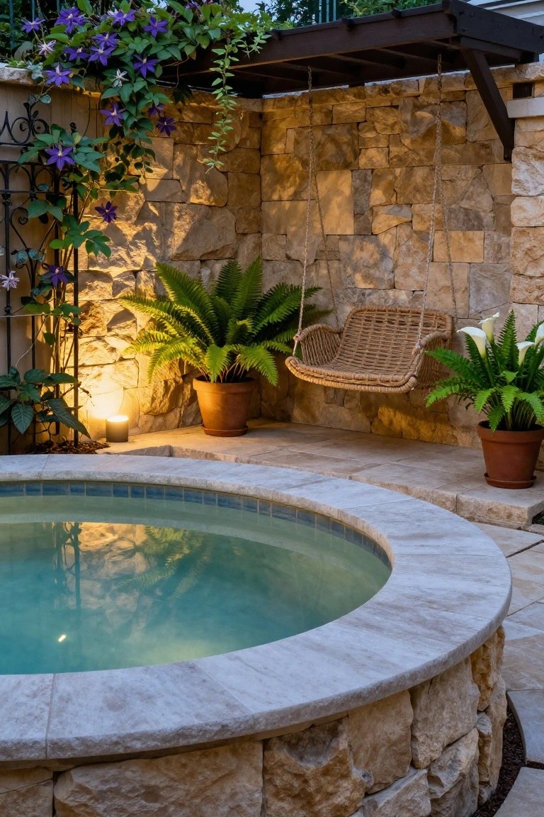 Curved turquoise hot tub built into a beige stone patio wall, with a hanging rattan swing suspended nearby amid ferns, calla lilies in terracotta pots, purple clematis vines on a pergola, and a cylindrical outdoor lamp.