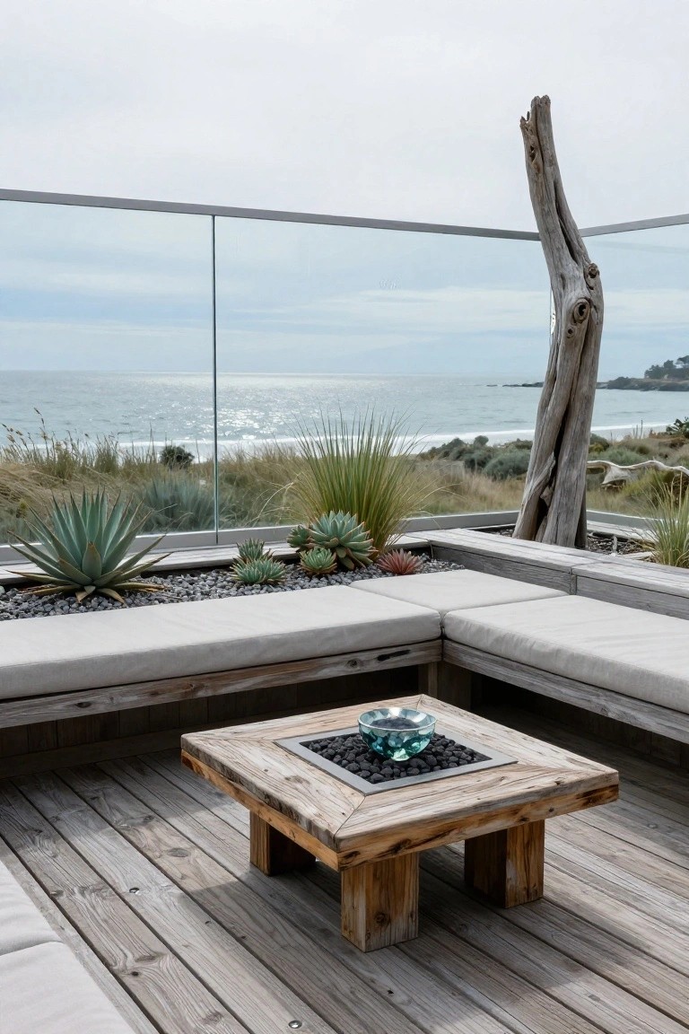 Outdoor deck balcony with L-shaped white cushioned benches, square wooden fire table containing black pebbles and blue glass bowl, potted succulents and agaves, tall driftwood sculpture, glass railing, and ocean view.