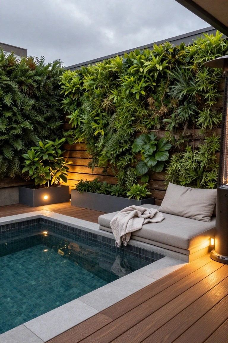 Small rectangular plunge pool with dark blue mosaic tiles edged in stone, surrounded by wooden decking, a cushioned beige daybed with pillow and throw blanket, lush vertical green plant walls on perimeter fences, and low garden lights in an outdoor courtyard.