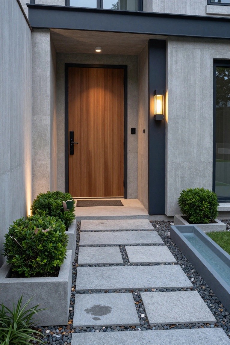 Modern house front entrance with light brown wooden door in concrete wall, gray concrete paver pathway with gravel-filled joints, boxwood shrubs in square concrete planters along the sides, wall-mounted lantern light, and a narrow water channel nearby.