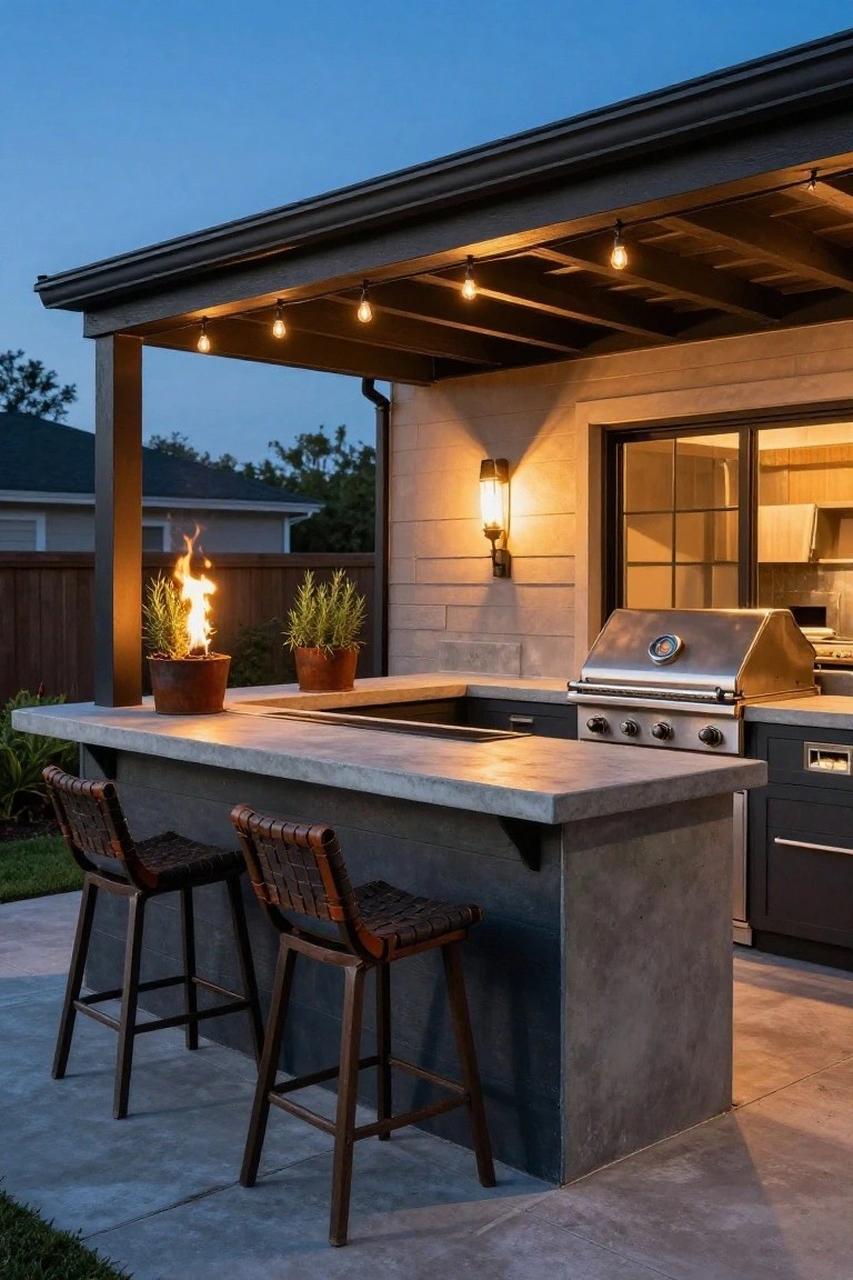 Evening photo of a covered outdoor patio with a gray concrete bar counter, two woven bar stools, built-in stainless steel grill, two metal fire pots with rosemary plants, string lights overhead, and an indoor kitchen visible through glass walls beside a stucco house.