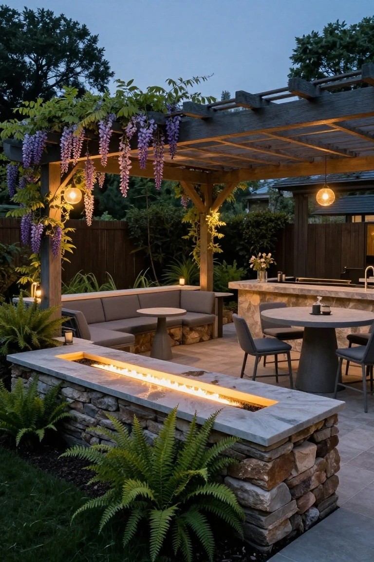Backyard patio at dusk with wooden pergola covered in purple wisteria vines, gray L-shaped built-in sofa, round high-top table with stools, linear gas fire pit in stone wall, ferns, lanterns, and outdoor kitchen bar nearby.