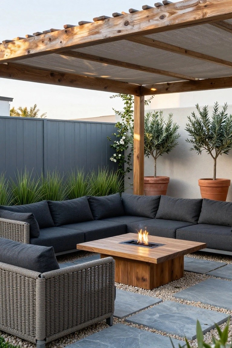 L-shaped dark gray sofa surrounding a rectangular wooden coffee table with central gas fire pit under a wooden pergola on a slate tile patio, with potted olive trees, grasses, and a gray wood fence nearby.