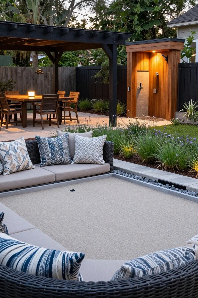 Backyard patio under a black pergola with wooden dining table, beige L-shaped sofa with patterned pillows on a light rug, gravel border, plants, and adjacent cedar outdoor shower enclosure with stone interior and fixtures.