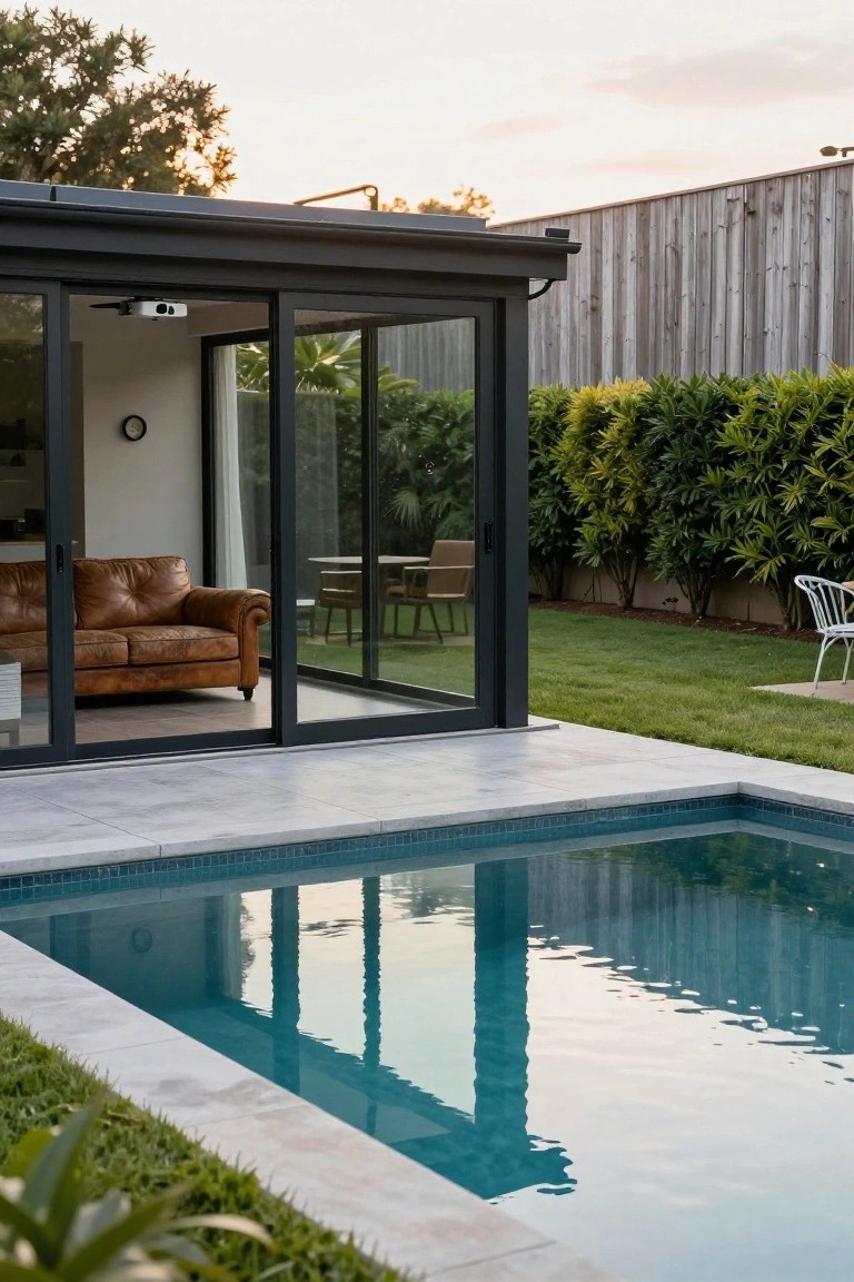 Black-framed glass pavilion with open sliding doors revealing a white interior with brown leather sofa and chairs, adjacent to a turquoise-tiled pool on a gray stone deck, surrounded by grass, hedges, and a wooden fence at dusk.