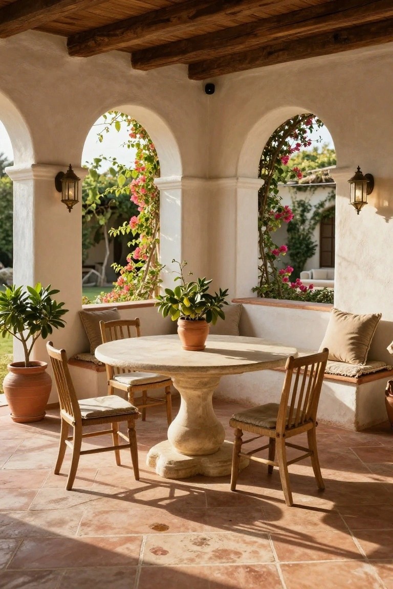 Covered outdoor terrace with white stucco walls, exposed wooden beams, two arched openings with pink bougainvillea vines, round stone pedestal table, four wooden chairs, built-in bench, potted plants, and terracotta tile floor.