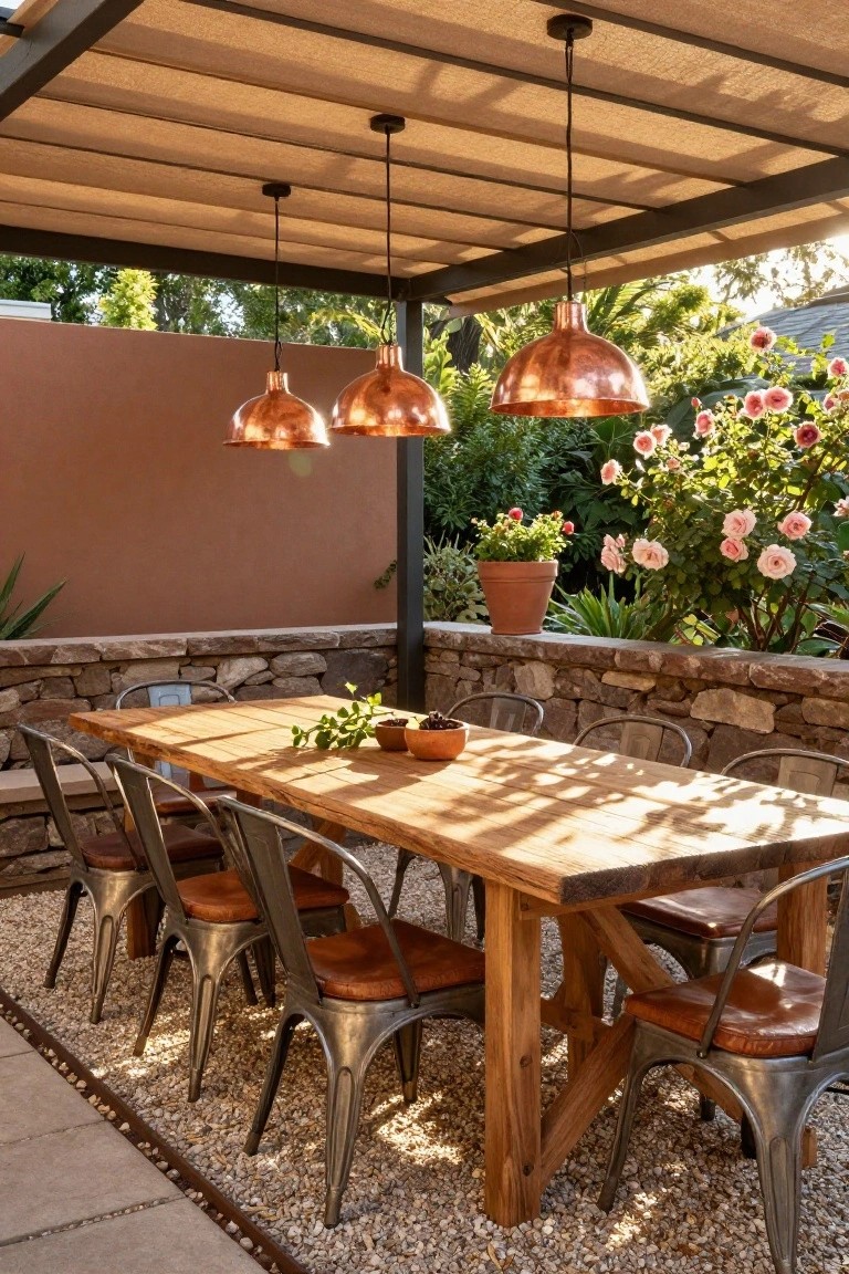 Outdoor patio under a shaded pergola with three copper pendant lights over a long wooden trestle dining table surrounded by eight metal chairs with leather cushions, stone walls, potted plants, roses, agave, and gravel ground.