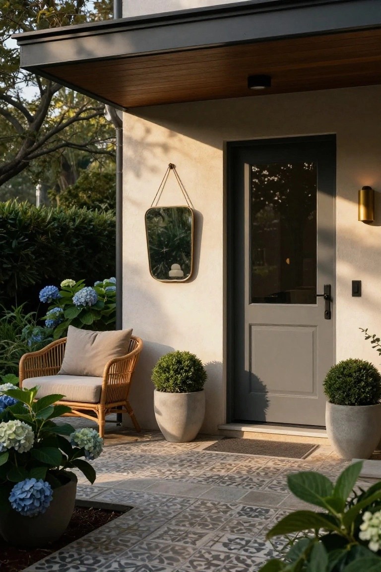 Gray front door on beige stucco wall under wooden overhang, round brass mirror hanging beside door, rattan lounge chair with beige cushions, potted blue hydrangeas and green boxwoods on gray tiled porch.