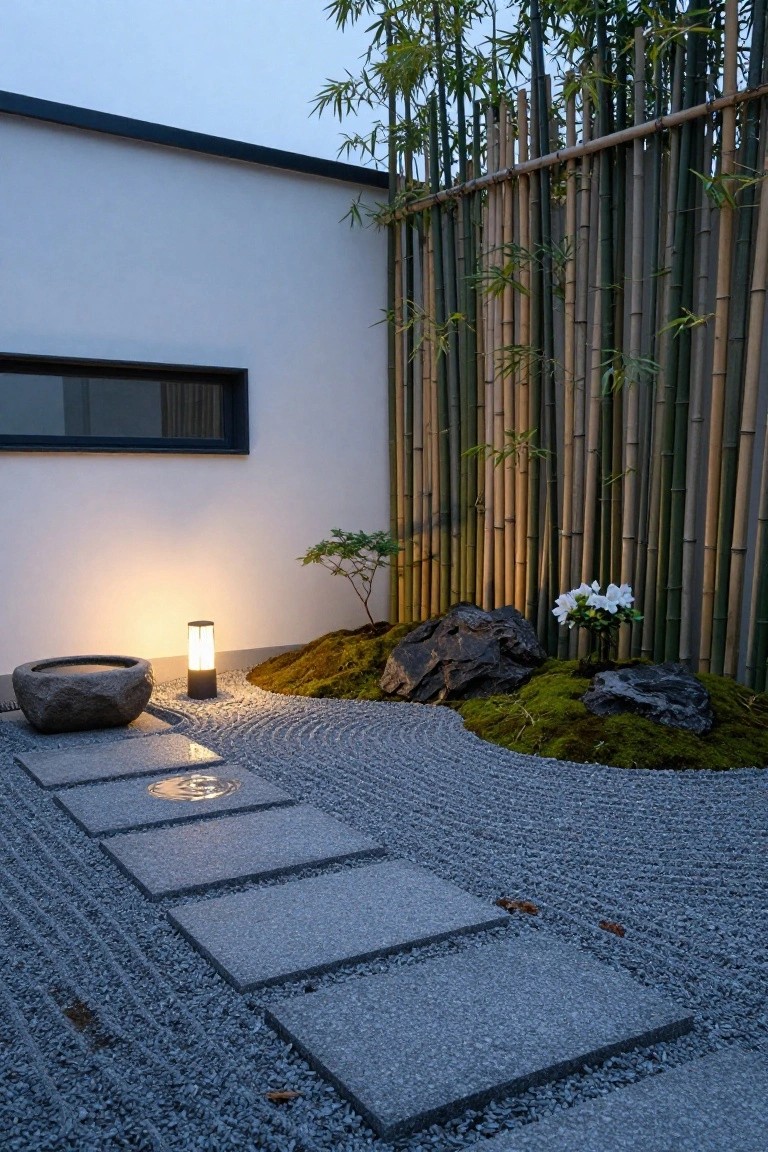 Evening view of a modern zen garden yard with white house wall, tall bamboo fence, raked gray gravel, square gray stepping stones, stone lantern, mossy boulders, small tree, white flowers, and stone basin.