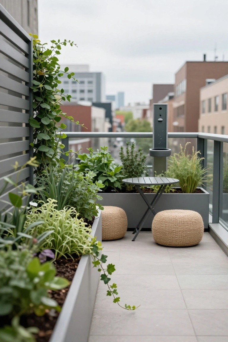 Modern urban balcony with slatted grey privacy screens draped in ivy, linear grey planters filled with grasses, herbs, and green foliage along the edges, small round metal table, two beige woven poufs, glass railing, and city buildings in the background under cloudy skies.