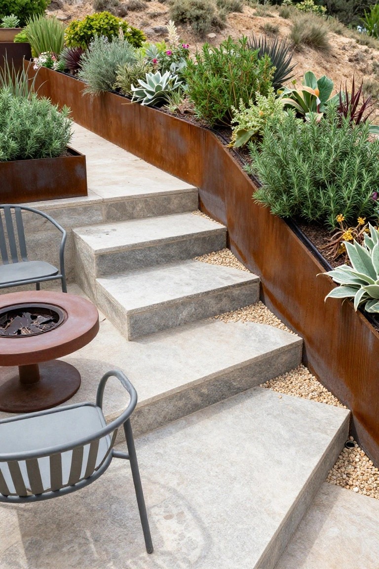 Terraced outdoor area on a sloped hillside with concrete steps, round metal fire pit table, two metal-frame chairs, and Corten steel planters filled with succulents, agaves, herbs, and grasses.