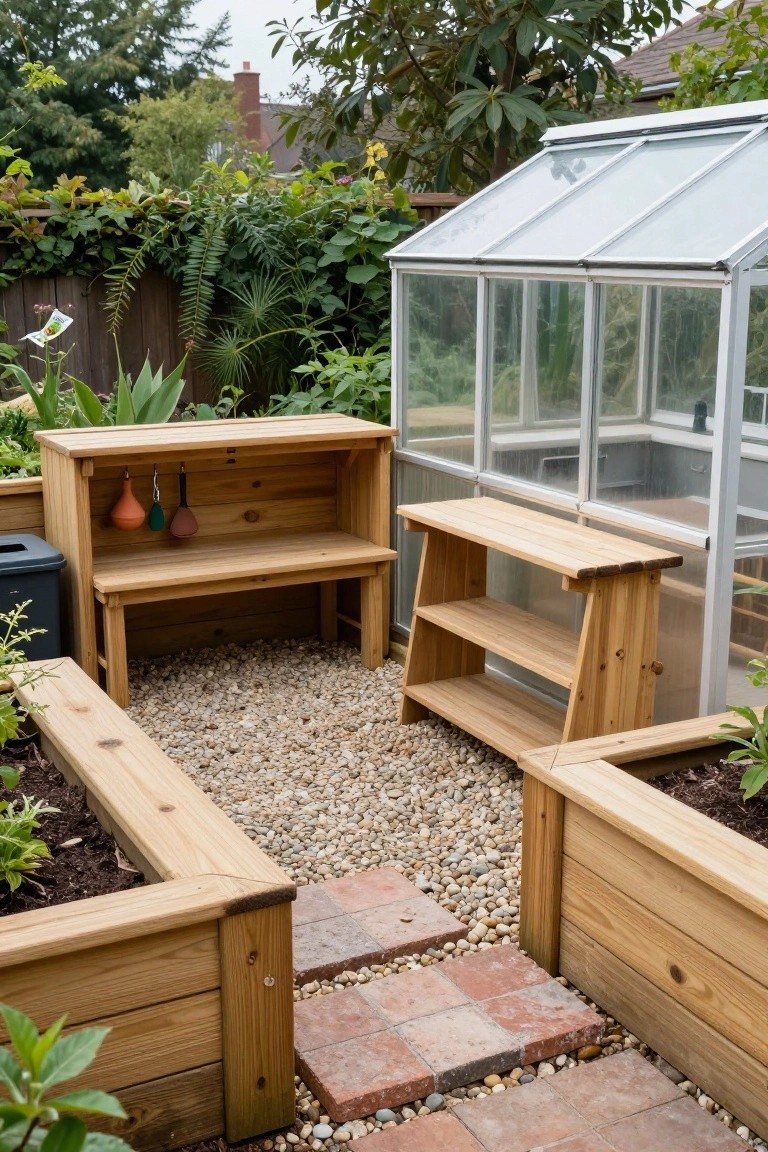 Wooden potting bench with tool hooks and shelves, adjacent to angled wooden shelf unit and stools, surrounded by raised garden beds on gravel ground next to a greenhouse in a backyard.