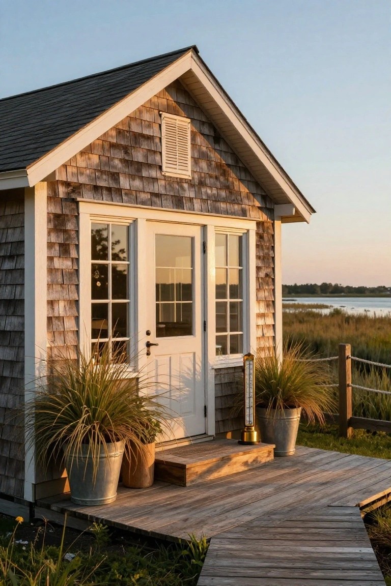 Small shingled cottage exterior with white double doors and windows, flanked by potted grasses on a wooden deck and steps beside a marshy waterfront.